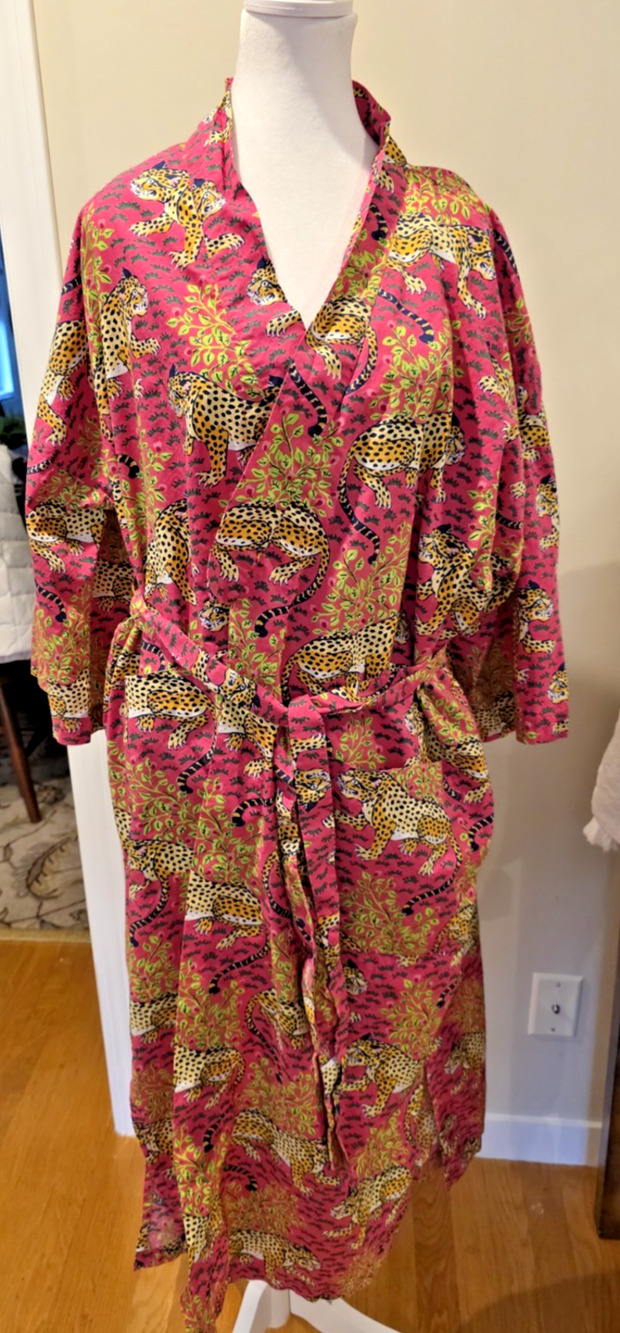 Printfresh Bagheera Hot Pink Leopard Long Robe L/XL Organic Cotton Kimono Resort
